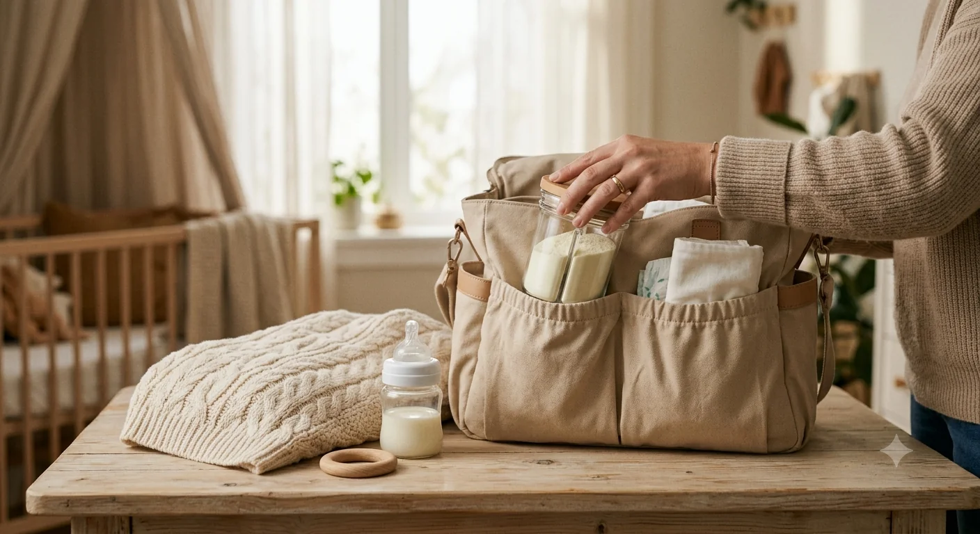 Main plaçant un doseur de lait Suavinex en verre dans une poche de sac à langer.
