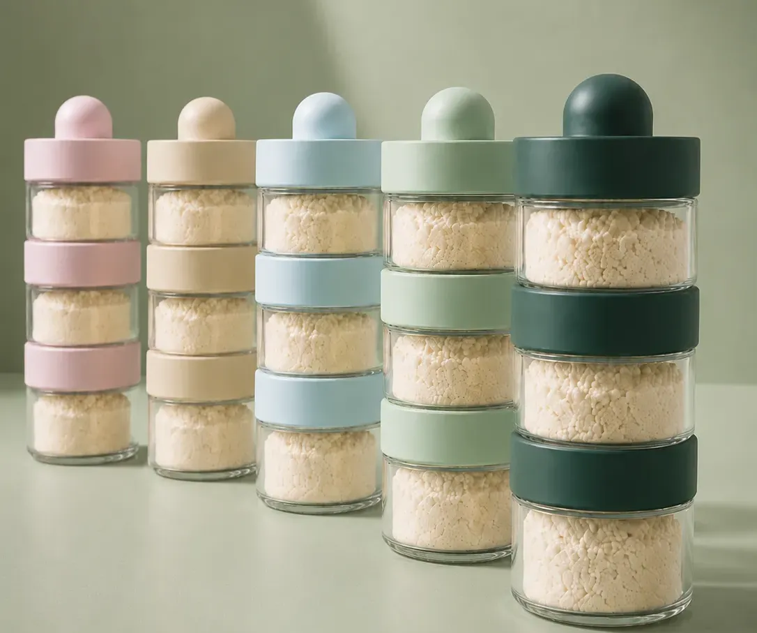 Doseurs de lait en verre empilables BeDose remplis de poudre de lait pour la préparation des biberons.