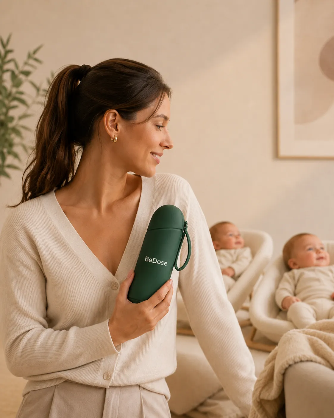 Maman tenant le doseur de lait BeDose avec des bébés en arrière-plan.