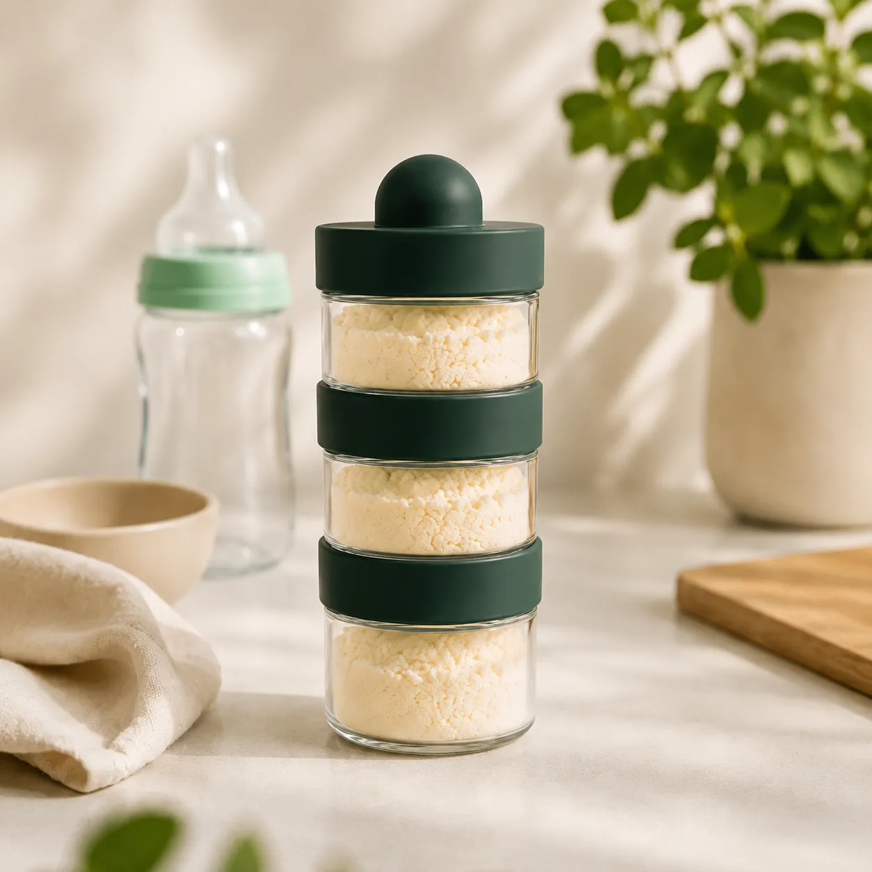 Doseur de lait en verre borosilicate BeDose rempli de poudre infantile sur un plan de travail.