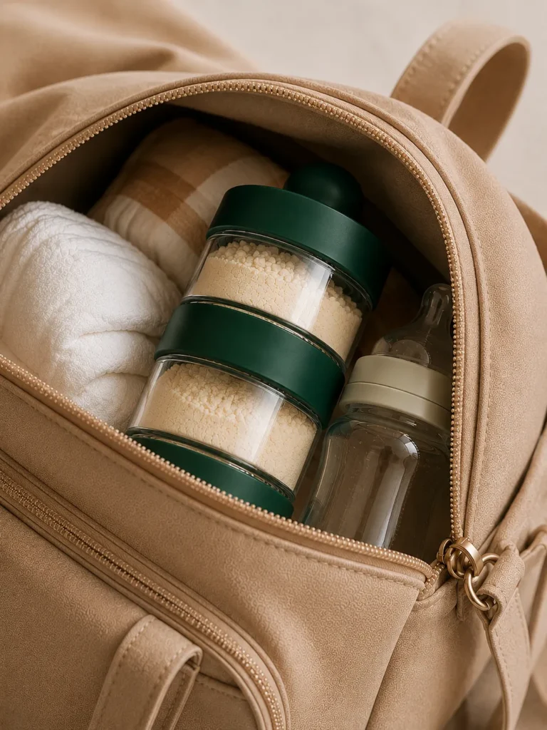 Tour doseuse BeDose en verre vert aperçue dans la poche d'un sac à langer.