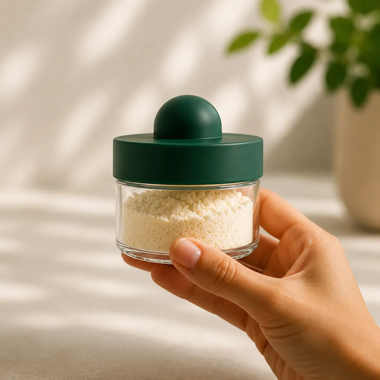 Main tenant un pot doseur individuel en verre BeDose rempli de lait en poudre.