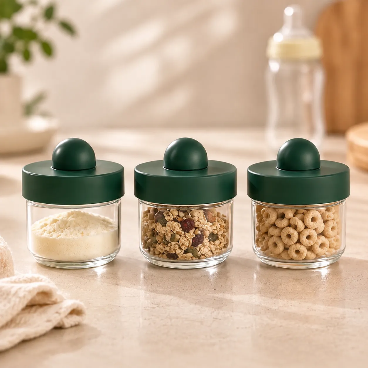 Trois pots en verre BeDose alignés contenant du lait en poudre, du muesli et des céréales pour bébé.