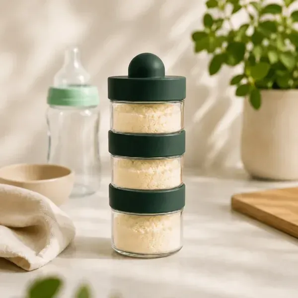 Pack doseur de lait en verre BeDose vert avec étui de transport et boîte d'emballage.