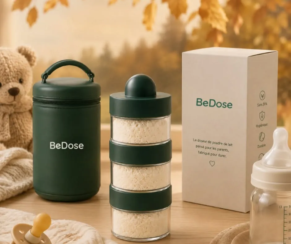 Boîte doseuse de lait en poudre en verre borosilicate BeDose posée sur un plan de travail de cuisine.