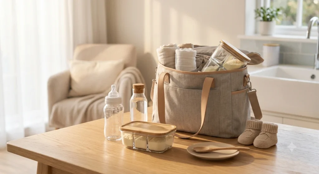 Ensemble d'accessoires de puériculture avec biberons et mesurette pour le dosage du lait.