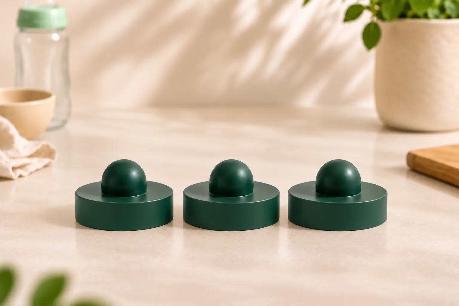 Trois couvercles verts de compartiments doseurs de lait BeDose alignés.