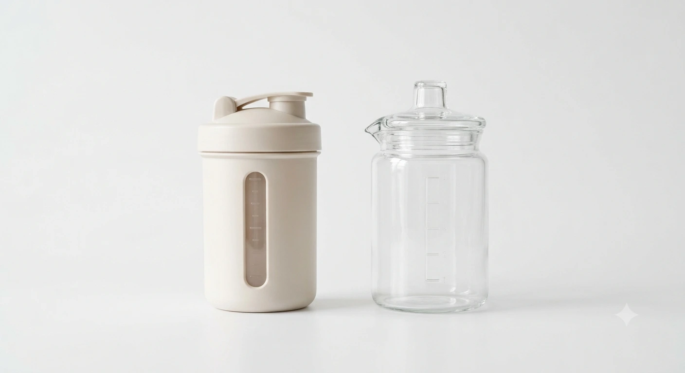 Doseur de lait en plastique blanc à côté d'un doseur en verre borosilicate.