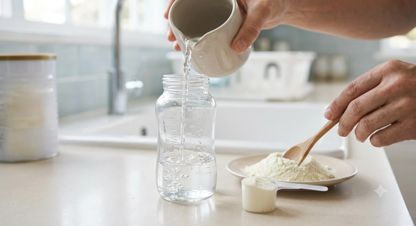 Verser de l'eau dans un biberon en verre pour la préparation du dosage de lait.